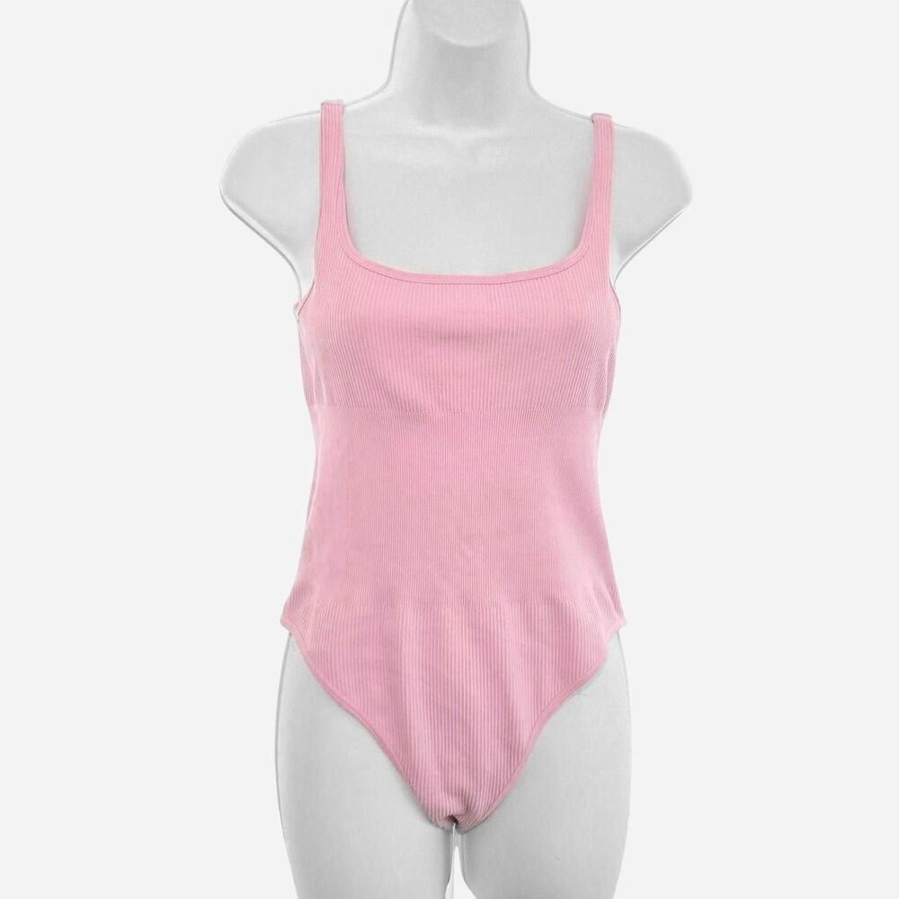 Pink Ribbed Square Neck Bodysuit Women's Size Large Snap Closure